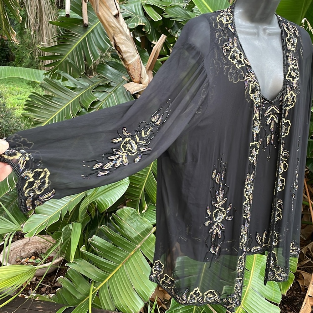 La Nuit beaded floral, pure silk, camisole, and matching jacket
